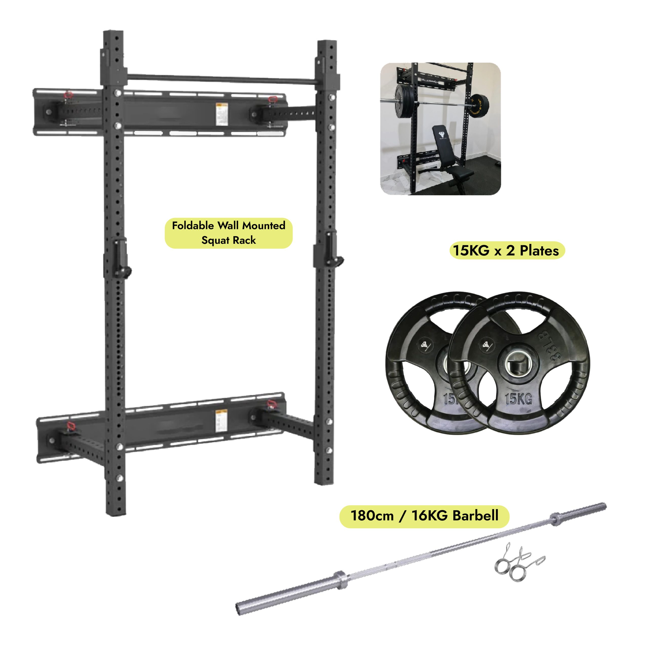 Wall Mounted Squat Rack , Olympic Barbell & Plates